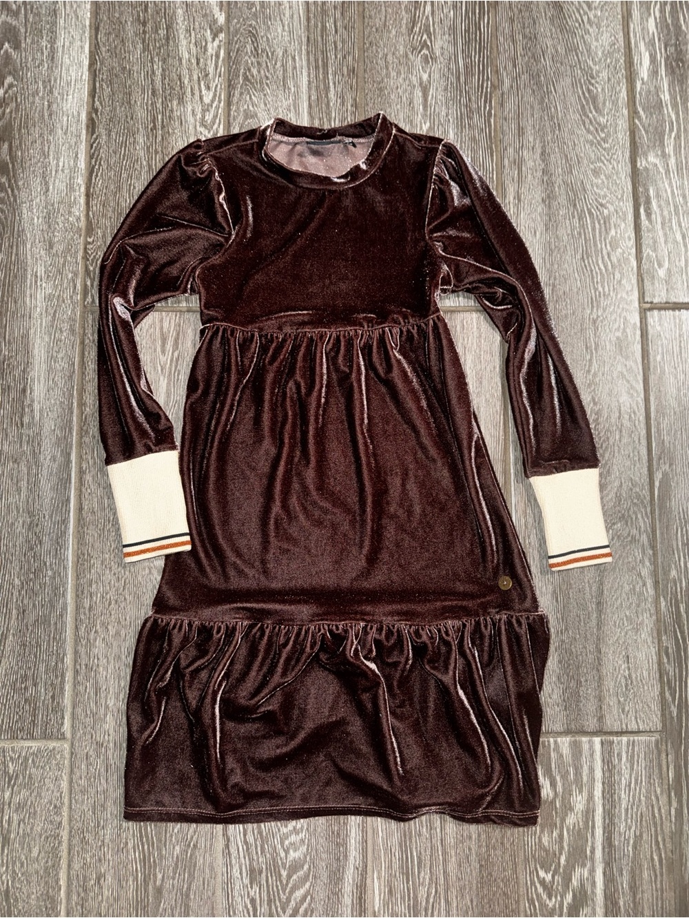 Girls Long Sleeve Velvet Dress with Contrast Cuffs - Dark Brown